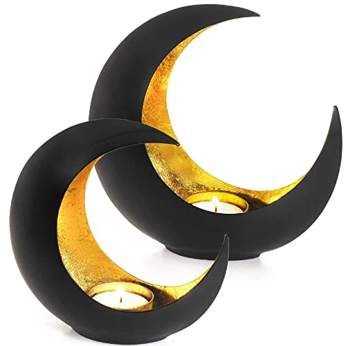 Gadgy Portavelas Luna – Set de 2 Candelabros Decorativos de Metal Negro y Dorado – Porta Velas Oriental de 15 y 21 cm para Decoración de Mesa, Salón o Terraza