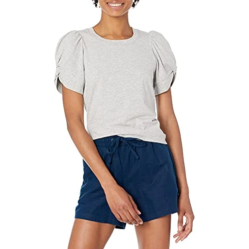 Amazon Essentials Camiseta de Manga torcida con Cuello Redondo para Mujer, Ajuste clásico, Color Gris Claro Jaspeado, Talla