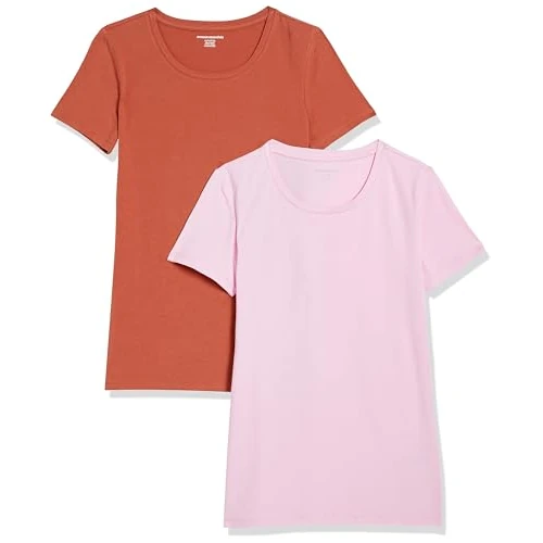 Amazon Essentials Damen Kurzärmliges Regular-Fit-T-Shirt (Varianten mit Rundhalsausschnitt und V-Ausschnitt), Pack of 2, Hellrosa/Terrakotta, XXL