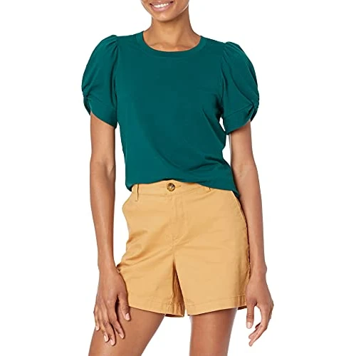 Amazon Essentials Damen T-Shirt mit Puffärmeln und Rundhalsausschnitt, Normale Passform, Tannengrün, XS