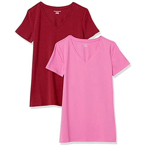 Amazon Essentials Women's Regular-Fit Short-Sleeve T-Shirt (Crewneck and V-Neck Options), Pack of 2, Burgundy/Pink, XS