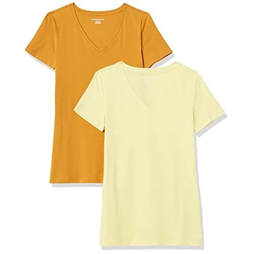 Oferta limitada: Amazon Essentials Camiseta de Manga Corta con Cuello en Pico y Corte Recto Mujer, Pack de 2, Amarillo Claro/Amarillo Dorado, S de 9.48 € a 9.48 € (ahorro 0.00%)