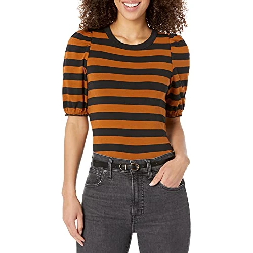 Amazon Essentials Women's Regular-Fit Puff Short-Sleeve Crewneck T-Shirt, Black Brown Placed Stripe, XL