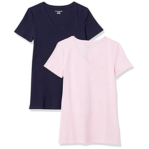 Amazon Essentials T-shirt a Maniche Corte con Vestibilità Classica (Opzioni Girocollo e Scollo a V) Donna , Pack of 2, Blu Marino/Rosa Chiaro, M