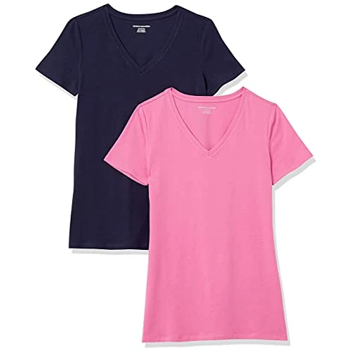 Amazon Essentials T-shirt a Maniche Corte con Vestibilità Classica (Opzioni Girocollo e Scollo a V) Donna , Pack of 2, Rosa/Blu Marino, S