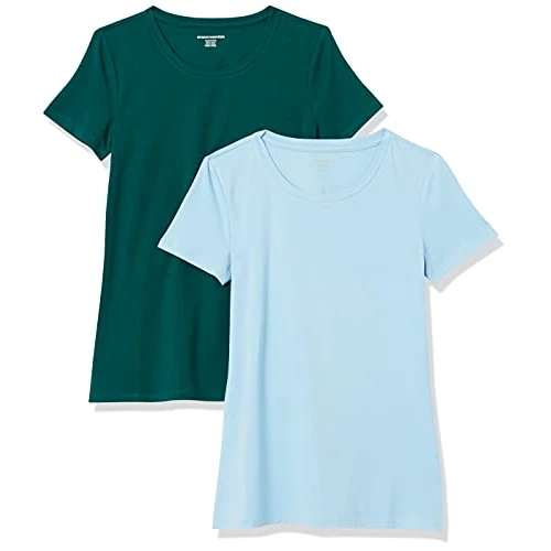 Amazon Essentials T-Shirt à Manches Courtes, Coupe Standard (Ras-de-Cou et Col en V) Femme, Pack of 2, Bleu Poudré/Vert Foncé, S