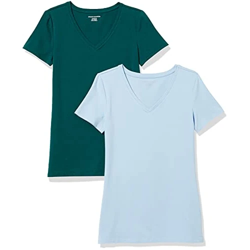 Zeitlich begrenztes Angebot: Amazon Essentials Damen Kurzärmliges Regular-Fit-T-Shirt (Varianten mit Rundhalsausschnitt und V-Ausschnitt), Pack of 2, Dunkelgrün/Puderblau, XS von 17.36 € auf 17.36 € (0.00% Rabatt)