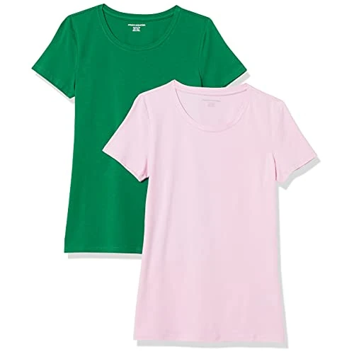 Amazon Essentials Women's Regular-Fit Short-Sleeve T-Shirt (Crewneck and V-Neck Options), Pack of 2, Green/Light Pink, S