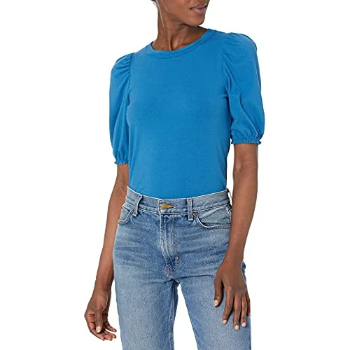 Oferta limitada: Amazon Essentials Camiseta de Cuello Redondo, Manga Corta Abullonada, Corte Estándar Mujer, Azul Medio, XS de 6.69 € a 6.69 € (ahorro 0.00%)