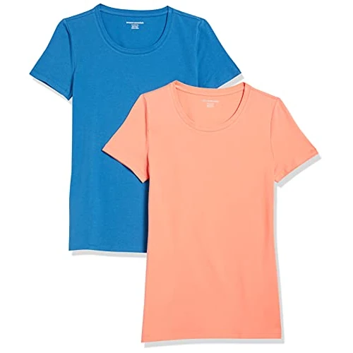Offerta a tempo: Amazon Essentials T-shirt a Maniche Corte con Vestibilità Classica (Opzioni Girocollo e Scollo a V) Donna , Pack of 2, Arancio Corallo/Blu, XL - 6% da 14.76 € a 13.90 €