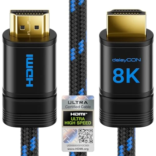 Offerta a tempo: deleyCON 1,5m Cavo HDMI 2.1b 8K 48G Ultra High Speed Certificato | 8K@60Hz, 4K@144Hz 120Hz, 2K@144Hz/165Hz, eARC, HDCP 2.3/2.2, DTS:X, HDR, Dolby Atmos, TV, PS5, Xbox, Soundbar - 28% da 7.30 € a 5.28 €