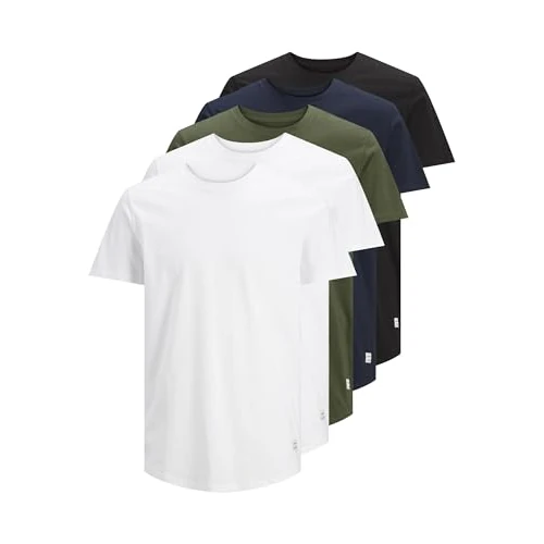 JACK & JONES Maglietta da uomo con scollo rotondo in tinta unita, Bianco/Dettagli: 2 bianchi, 1 nero, 1 blu navy, 1 foresta, L