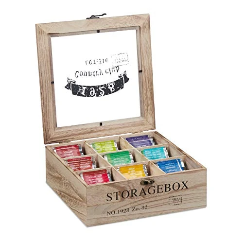 Limitiertes Angebot: Relaxdays Teebox, 9 Fächer, Holz, Teekiste mit Sichtfenster, Teebeutel, Kaffeepads, Gewürze, HBT: 9 x 24 x 25 cm, Natur von 14.99 EUR auf 14.99 EUR (Spare 0%)