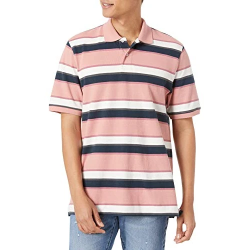 Tijdelijke aanbieding: Amazon Essentials Men's Poloshirt van piqué-katoen met normale pasvorm (verkrijgbaar in grote en lange maten), Roze Streep, S van 18.99 € naar 18.99 € (0.00% korting)
