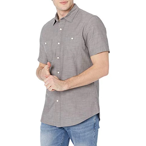 Amazon Essentials Chemise en Chambray à Manches Courtes pour Homme, Gris foncé, XL