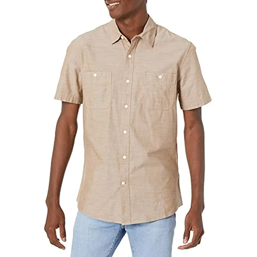 Amazon Essentials Chambray-Hemd für Herren, kurzärmelig, Hellbraun, Größe XS