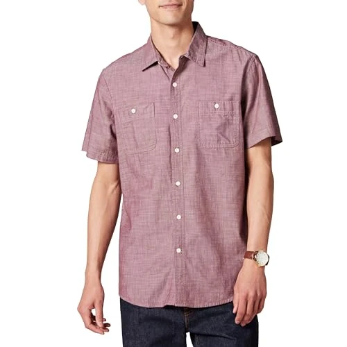 Amazon Essentials Camisa de Manga Corta de Corte Regular en Chambray Hombre, Burdeos, M