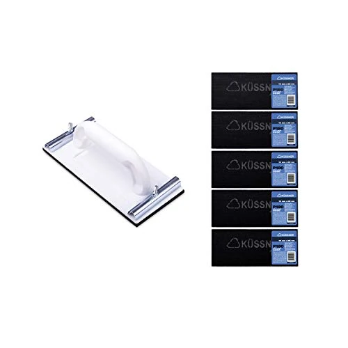 KÜSSNER Handschleifer-Set, 5 Stück Schleifgitterleinen: Länge 28cm, Breite 11,5cm, Korn 180, Schleifklotz mit Metallklemmgriffen: Länge 22cm, Breite 10,5cm, A0180-900518, weiß
