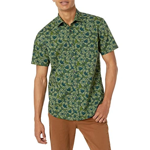 Offerta a tempo: Amazon Essentials Camicia con Stampa a Maniche Corte vestibilità Regolare Uomo, Verde Oliva Fiori, XS - 0.00% da 12.36 € a 12.36 €