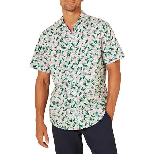 Amazon Essentials Men's Shirt met korte mouwen, print en normale pasvorm, Pastelgroen Flamingo, XS