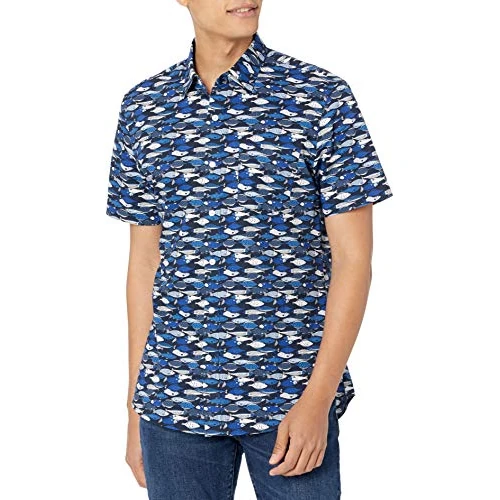 Offre limitée : Amazon Essentials Chemise Imprimée 100% Coton à Manches Courtes Coupe Slim Homme, Bleu Poissons, XS de 18.89 € à 18.89 € (0.00% de remise)