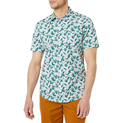 Offre limitée : Amazon Essentials Chemise imprimée boutonnée à Manches Courtes pour Hommes, Coupe ajustée, Flamant Rose, Taille XS de 15.07 € à 15.07 € (0.00% de remise)