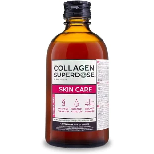 GOLD COLLAGEN Superdose Skin Care- Collagen Nutritional Supplements for Women & Men with Vitamin C, Biotin, Hyaluronic Acid, Zinc, Anti-Ageing Liquid for Hydrated Skin, Hair Growth, Strong Nails 300ml