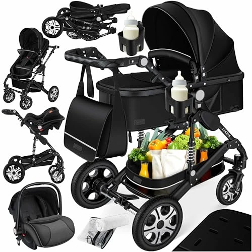 Limitiertes Angebot: KESSER® Loops 4 in 1 Kinderwagen Kombikinderwagen Komplett-Set inkl. Babywanne & Buggy Sportsitz & Auto-Babyschale Voll-Gummireifen Wickeltasche Regenschutz Kindertisch ECE R129, Schwarz/Schwarz von 249.80 EUR auf 168.80 EUR (Spare 32%)