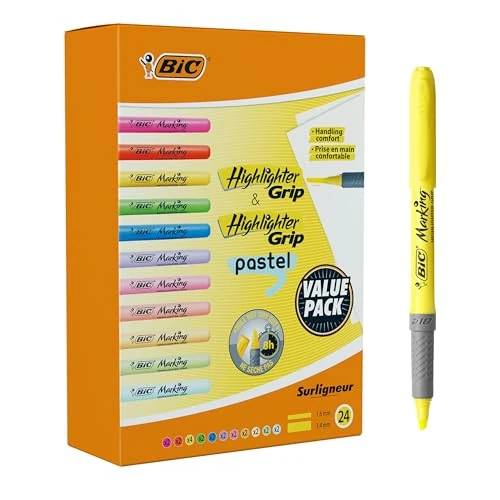 BIC Highlighter Grip Subrayadores de Punta Biselada Regulable - Colores en tonos intensos y pastel, Pack de 24