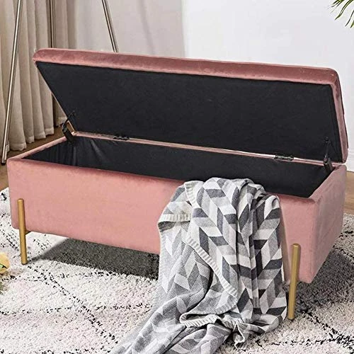 BAKAJI Ottoman Storage Chest Footstool Bedroom Bench Stool Wooden Structure Upholstered Velvet Fabric Open Seat Padded Golden Pidini (Pink)