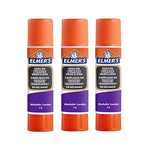Elmer’s - Stick di colla viola a scomparsa, diventa trasparente quando si asciuga, ideale per scuola e progetti artigianali, lavabile e sicura per i bambini, 6 g, 3 pezzi