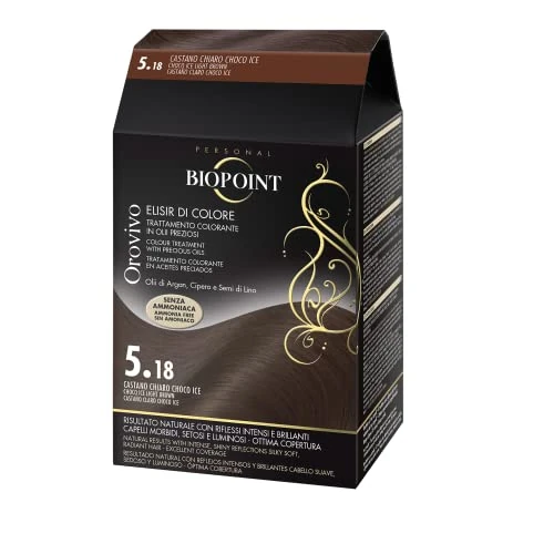 Biopoint Orovivo Elixir Colour 5.18 Light Brown Choco Ice Oil Dye Hair Set without Ammonia, Nourishing and Brightening Effect, Provides Intense and Shiny Colour, 140 ml