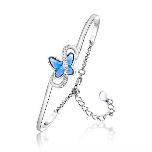 GEORGE · SMITH Pulsera de plata para mujer, pulsera de mariposa para mujer, brazalete de cristal azul morado y azul para cumpleaños, para mamá, hermana, Cristal Platino Plata