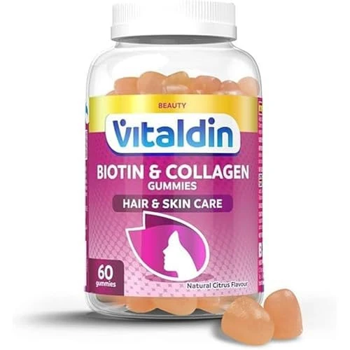 Offre limitee: VITALDIN Biotine & Collagène Gummies – Beauté Complément – 2.500 mcg Biotine, Vitamines C et E – 60 Gommes (pour 1 mois), Saveur d'agrumes – Aide à Maintenir les Cheveux et la Peau – Sans Gluten de 14.40 EUR a 8.89 EUR (economie 38%)