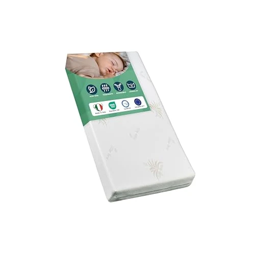 Offerta a tempo: GHIOCUSCINI | Materasso Culla neonato 60 x120 alto 11cm, Materasso lettino bambino ALOE VERA, certificato EN16890:2017 + A1:2021, OEKO-TEX®, CertiPUR™, Traspirante, Antimicrobico e Antibatterico - 0.00% da 37.99 € a 37.99 €