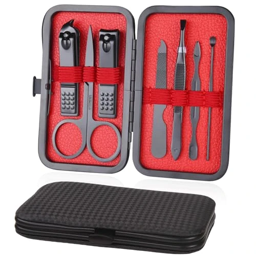 URAQT Juego de Manicura, Set de 7 Piezas Profesional Cortaúñas, Acero Inoxidable Grooming Kit para Manicura y Pedicura Limpiador Cutícula con Caja