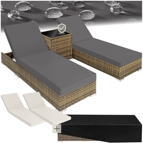 TecTake® Zestaw 2 leżaków rattanowych i aluminiowych + stół ogrodowy, leżaki basen regulowane oparcie, leżaki plażowe odporne na promieniowanie UV, łatwe czyszczenie, wymienne pokrowce, pokrowiec