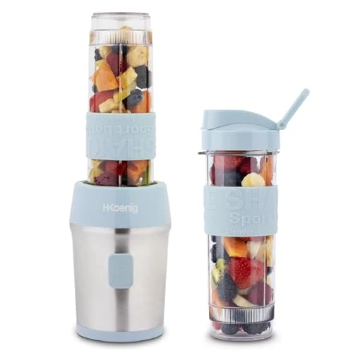 Offerta a tempo: H.Koenig Mini frullatore SMOO16 Smoothie Maker, 570mL, 300W, 4 lame in acciaio inox, senza BPA, 2 bottiglie portatili da viaggio, frullati e frappé, Blu pastello - 48% da 57.61 € a 29.90 €