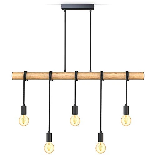 Offerta a tempo: B.K.Licht Lampadario vintage in legno e metallo nero, adatto per 5 lampadine E27 non incluse max 60W, lampada a sospensione retrò per cucina o sala da pranzo - 23% da 74.99 € a 57.70 €