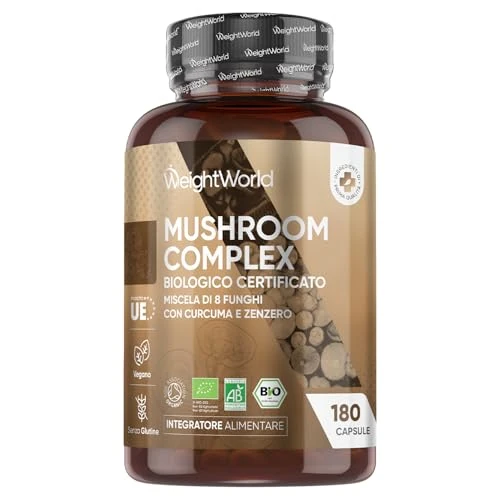 Tijdelijke aanbieding: Biologisch Paddenstoelen Complex - 180 Capsules voor 3 maanden - Met 8 soorten Mushrooms - Lion's Mane, Reishi, Shitake, Cordyceps en meer - met Kurkuma en Gember poeder - Vegan - van WeightWorld van 26.87 EUR naar 21.23 EUR (korting 21%)