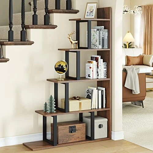 Offerta a tempo: YITAHOME Libreria a 5 livelli, libreria angolare a forma di L, stile industriale, vintage, per soggiorno, camera da letto, corridoio, ufficio, marrone retrò - 60% da 119.99 € a 47.59 €