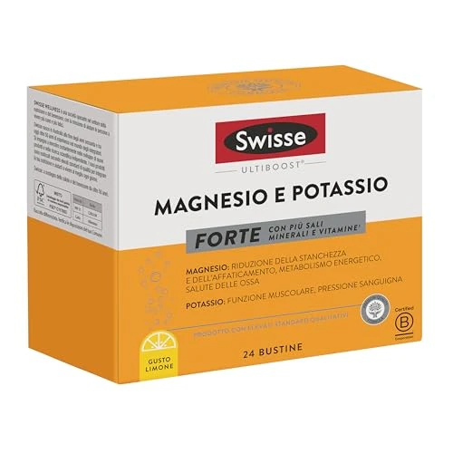 SWISSE Magnesio y Potasio Fuerte - Suplemento de Magnesio y Potasio en Polvo Mujer y Hombre con Vitamina C, 24 Sobres, Limón, Made in Italy