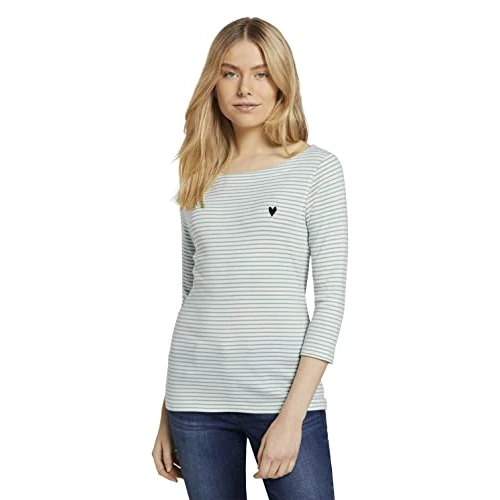 Tijdelijke aanbieding: TOM TAILOR Dames Longsleeve met strepen 1024035, 26035 - White Green Small Stripe, L van 19.99 € naar 15.90 € (20% korting)