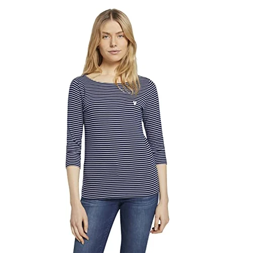 TOM TAILOR Damen 1024035 Longsleeve Mit Herz-Stickerei Auf Der Brust, 26033 - Navy White Small Stripe, S EU