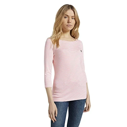 Limited-time offer: Tom Tailor Women's Striped shirt with heart embroidery, White Peach Small Stripe, XS from 11.96 £ to 11.96 £ (save 0.00%)