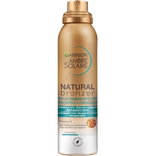 Garnier Selbstbräunungsspray, Natural Bronzer, für eine gleichmäßige und natürliche Bräunung, schnell einziehend, nährende Wirkung, mit Aprikosenöl und Vitamin E, Ambre Solaire 150 ml