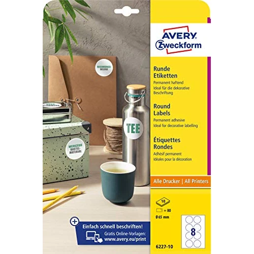 AVERY Zweckform 6227-10 - Etichette rotonde (80 adesivi, diametro 65 mm su fogli A4, adesivi rotondi da stampare, etichette autoadesive permanenti per barattoli di marmellata) su 10 fogli, bianche