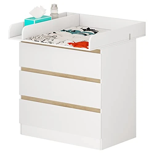 Oferta limitada: WOLTU Mueble Cambiador para Bebé, Cómoda con 3 Cajones, Cambiador Bebé 80x74,5 cm, Dividido en 2 Zonas, Cajonera de 48x80x78 cm, Blanco+Roble Claro de 155.99 EUR a 124.79 EUR (ahorro 20%)