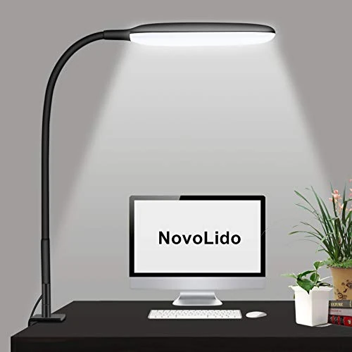 NovoLido - 10W Lampada da Scrivania a LED con Morsetto, Lampada da Tavolo Flessibile a 360° con 3 Modalità di Colore e Regolazione Continua, 3000-10000K, CRI ≥ 90 Protezione Degli Occhi