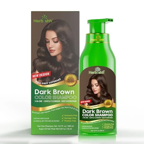 Herbishh Shampoo colorante per capelli, tintura magica per capelli grigi, colore duraturo in pochi minuti, 500 ml, 3 in 1, senza ammoniaca (marrone scuro)